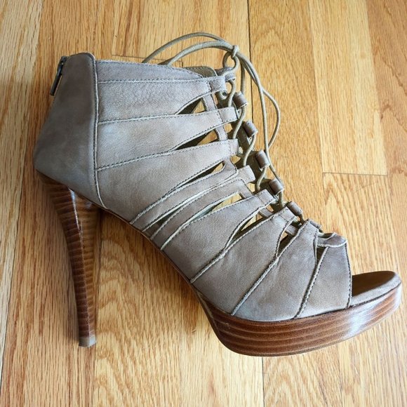 Stuart Weitzman Shoes - [SOLD] Stuart Weitzman Nubuck Gladiator Caged Suede Stiletto Bootie Sandals Tan